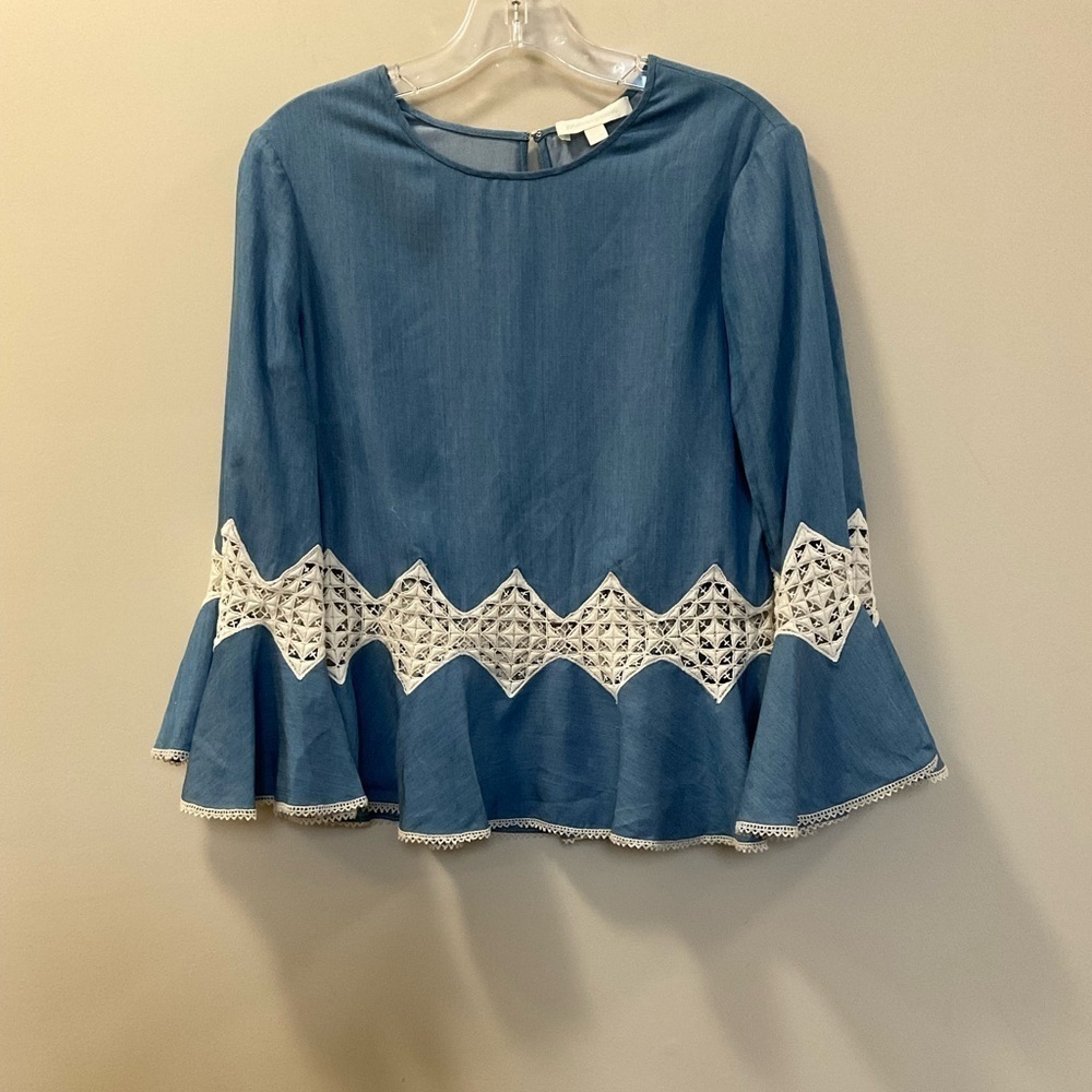 Jonathan Simkhai Boho Chambray Bell Sleeve Top Blouse Eyelet Accent Size XS